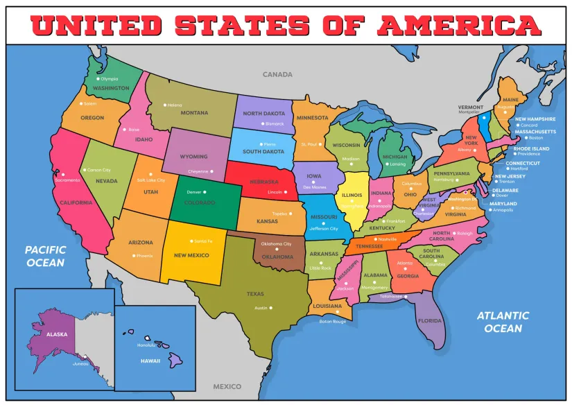 All 50 States and Capitals Map