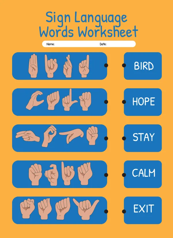 ASL Vocabulary Words Printable Worksheet