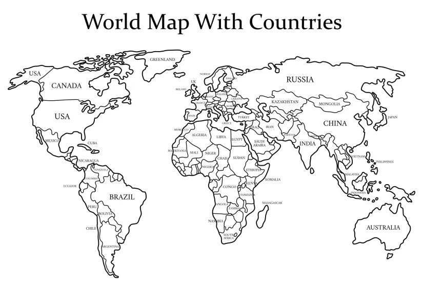 Black and White World Map with Countries