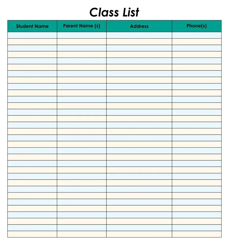 Blank Class List Table Printable