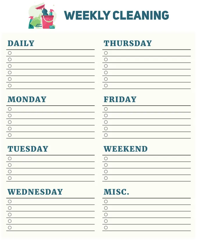 Blank Weekly Cleaning Checklist Template
