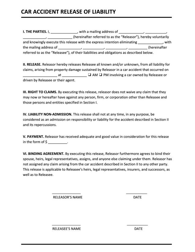 Car Accident Liability Release Form Template