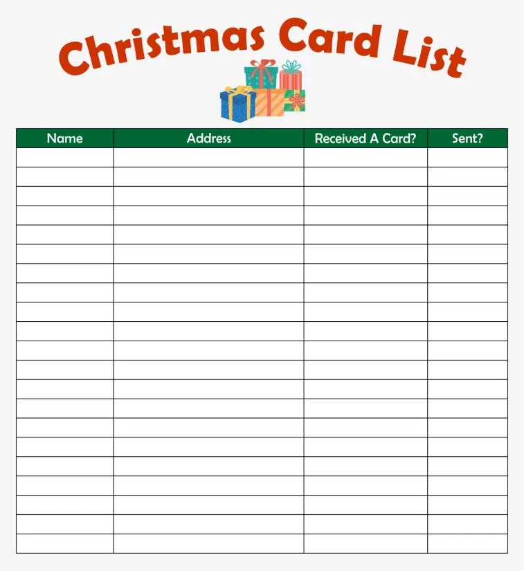 Christmas Card List Printable