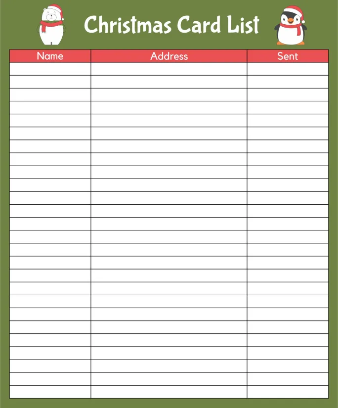 Christmas Card List Template