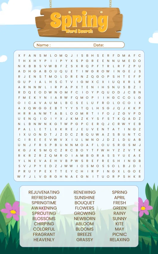 Difficult Spring Word Search Printable Puzzle For Adults