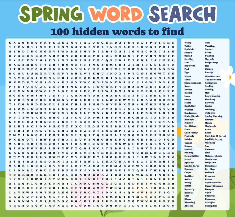 Difficult Spring Word Search Puzzle Printable