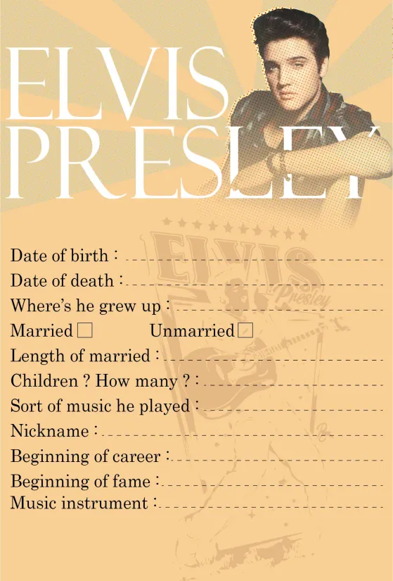 Elvis Presley Worksheet Printables
