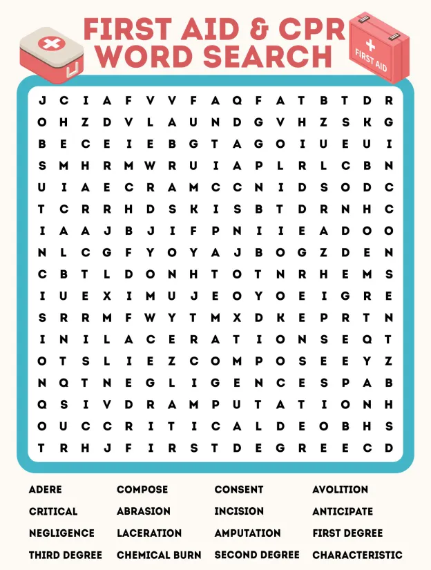 First Aid & CPR Word Search Printable