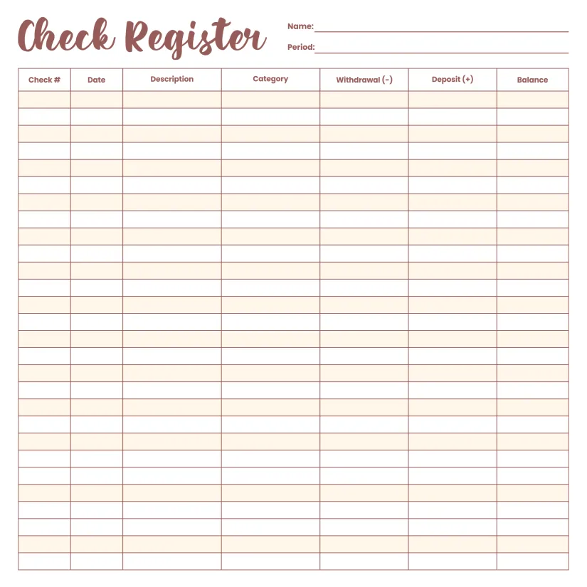 Printable Check Register Sheets