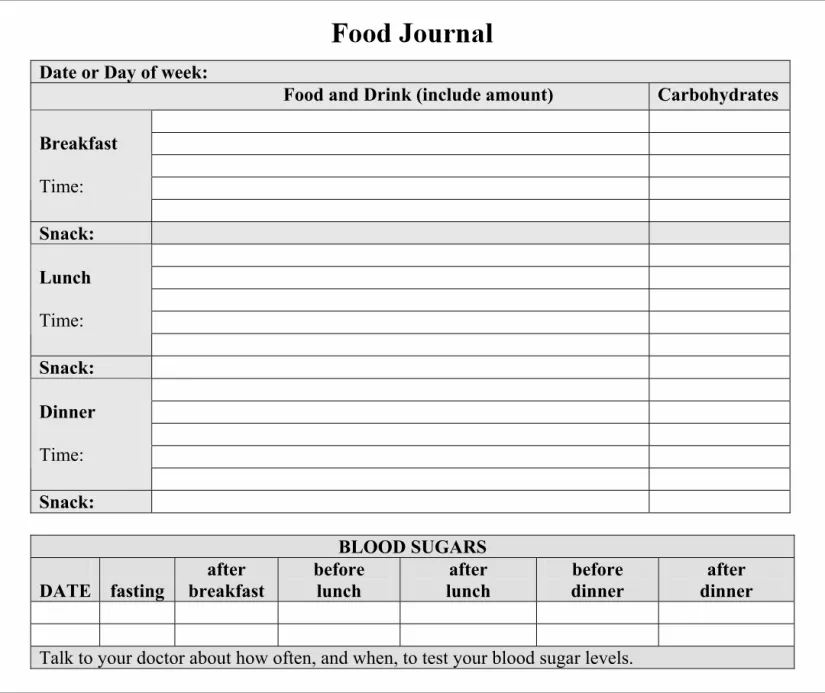Printable Diabetic Food Journal