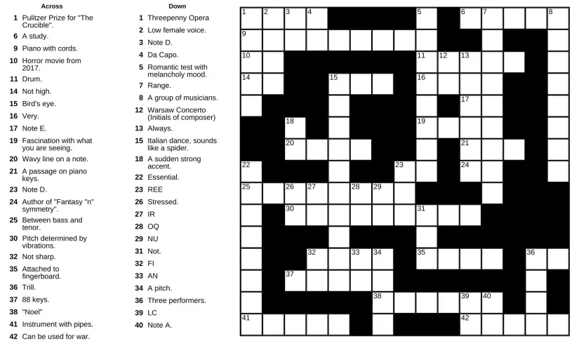 Printable Music Crossword Puzzles