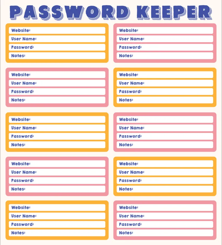 Printable Password Sheet