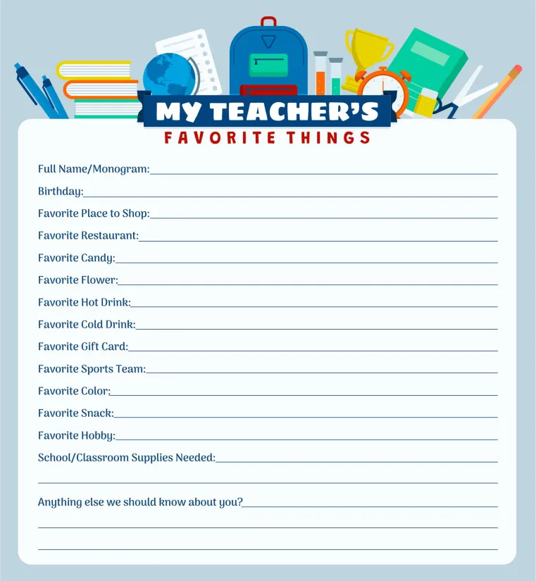 Printable Teacher Favorite Things