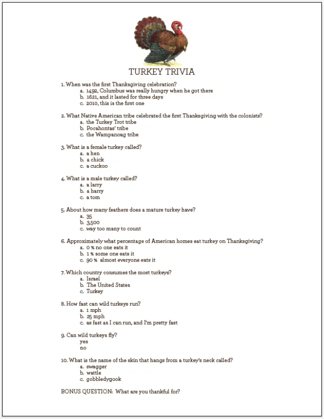 Printable Thanksgiving Trivia Quiz