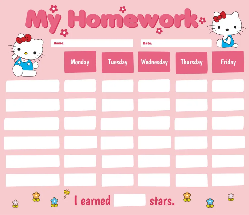 Hello Kitty 5-Day Homework Completion Chart Printable