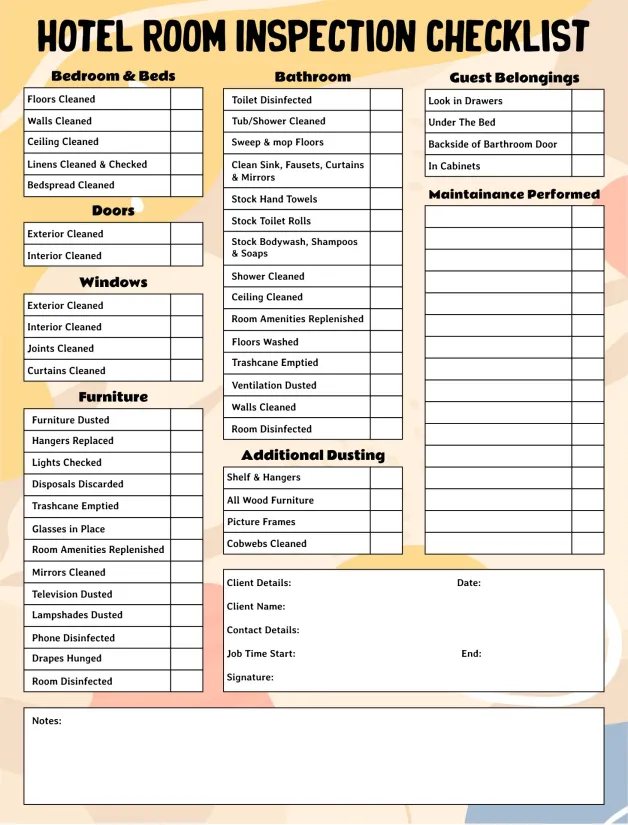 Hotel Room Inspection Checklist Printable