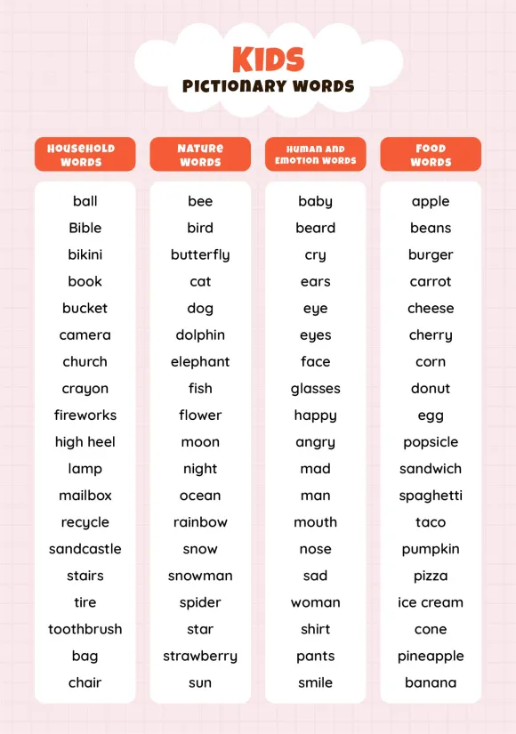 Kids Pictionary Word List