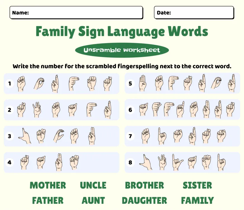 Printable ASL Family Sign Language Words