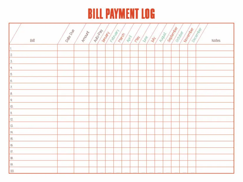 Printable Bill Payment Log