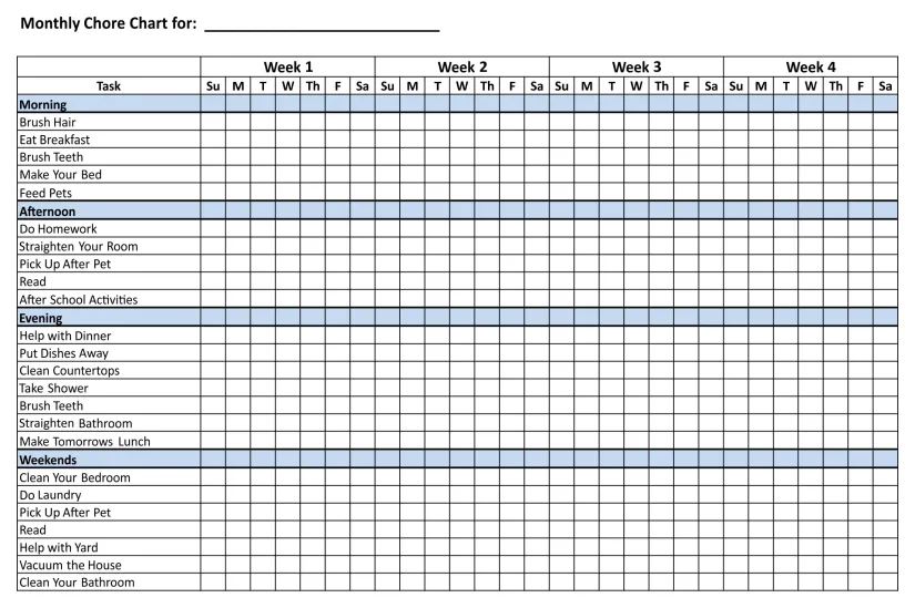 Printable Blank Monthly Chore Charts