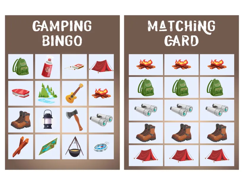 Printable Camping Themed Bingo & Memory Matching Card Game Activity