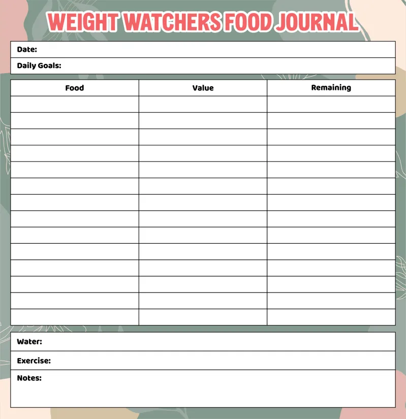 Printable Food Diary Diet Journal Weight Watchers