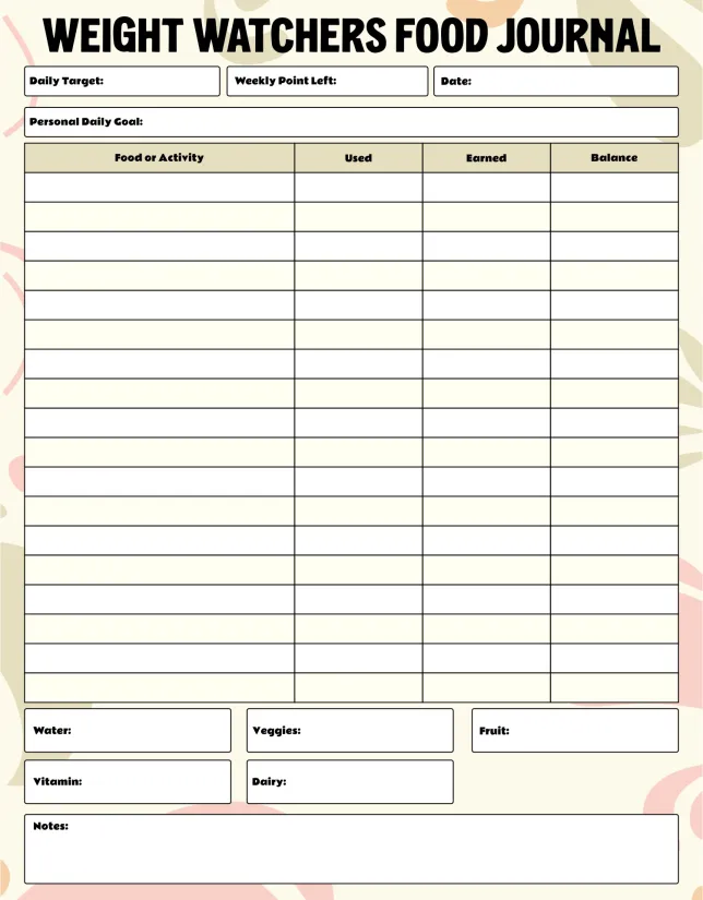 Printable Food Journal For Weight Watchers Points
