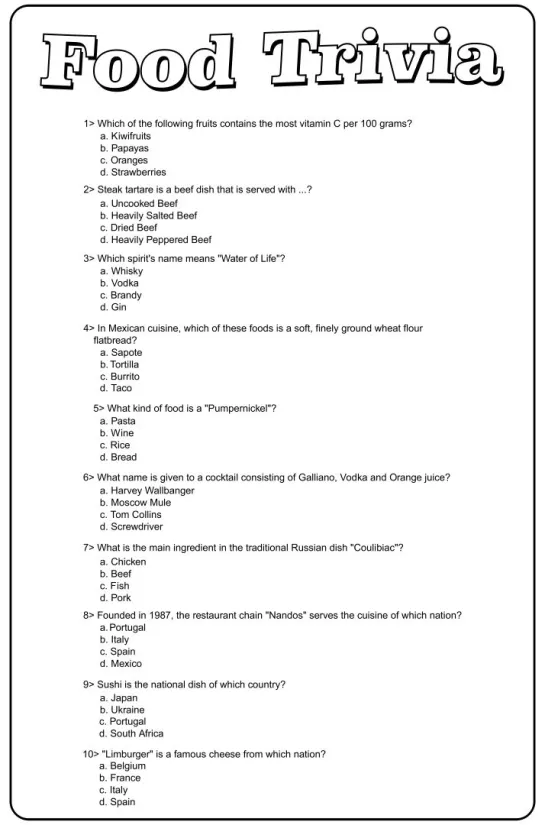 Printable Food Trivia Questions