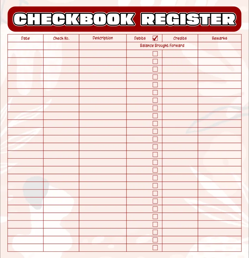 Printable Full Page Check Register for Checkbook