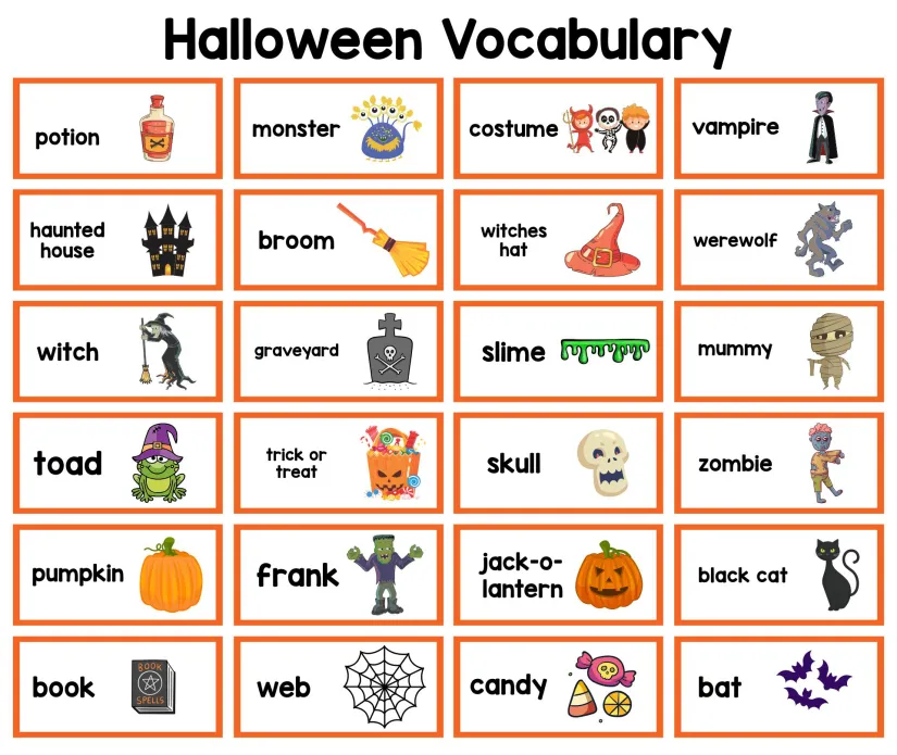 Printable Halloween Vocabulary For Kids Learning English