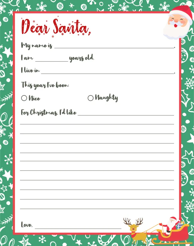 Printable Letter To Santa Template