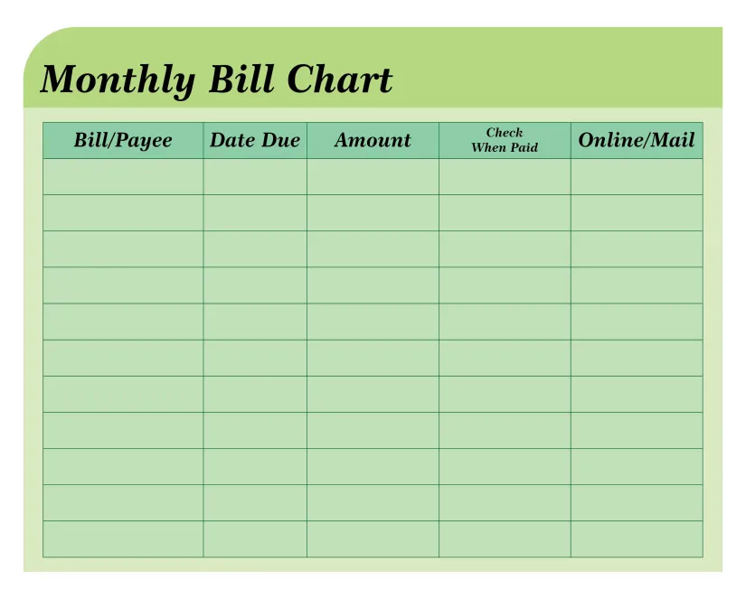 Printable Monthly Bill Chart