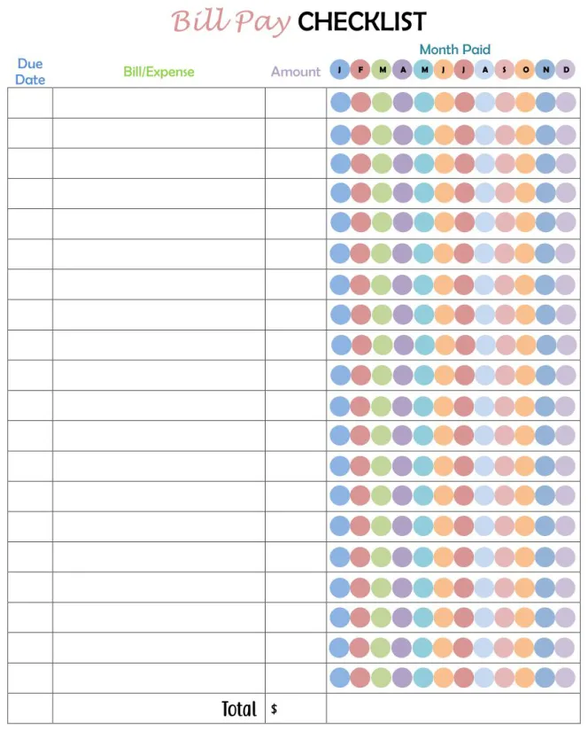 Printable Monthly Bill Pay Charts