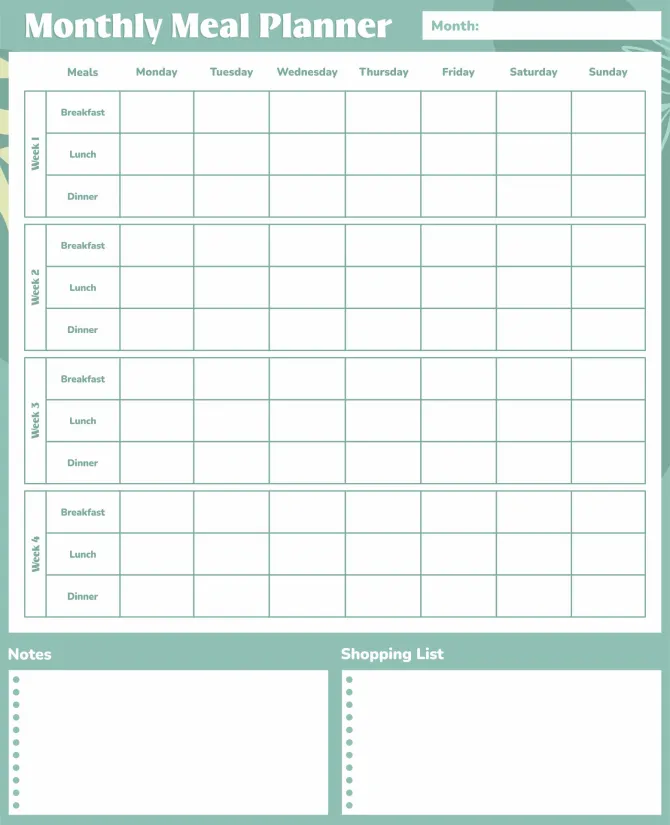 Printable Monthly Meal Planner