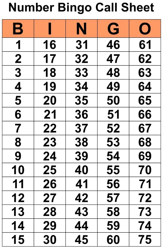 Printable Number Bingo Call Sheet