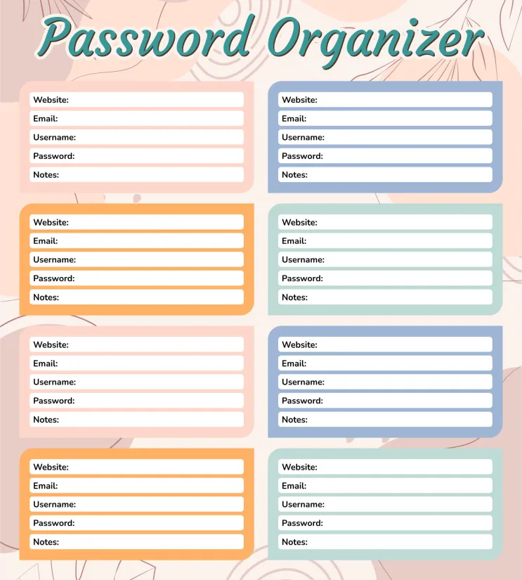 Printable Password Organizer