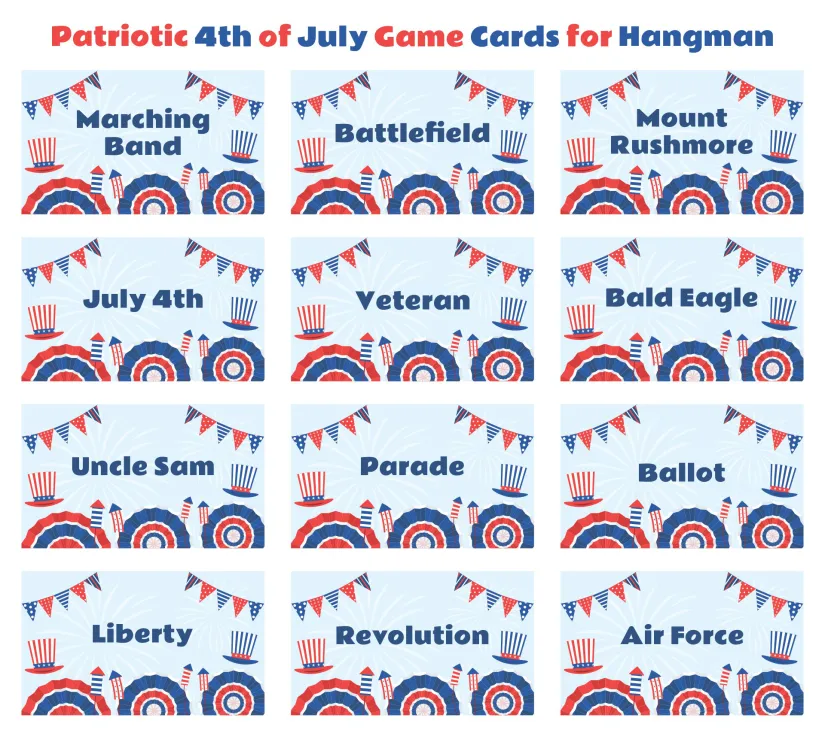 Printable Patriotic 4th Of July Game Cards For Hangman