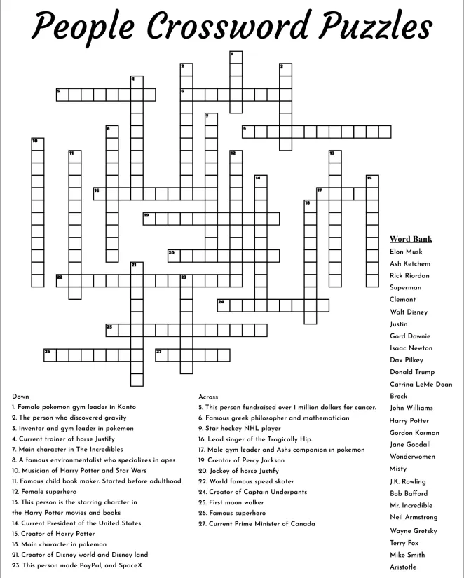 Printable People Crossword Puzzles