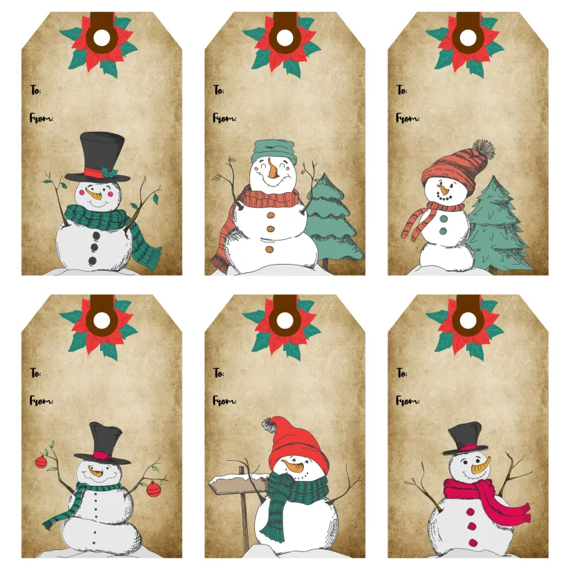 Printable Primitive Christmas Gift Tags Set Of Six Snowman