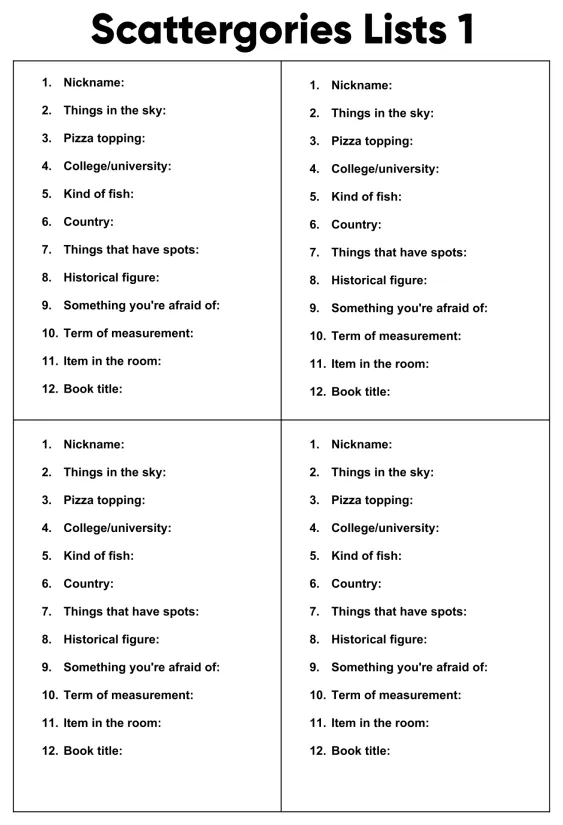 Printable Scattergories Lists 1