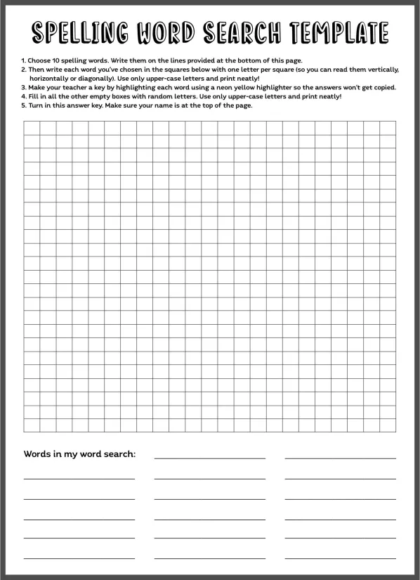 Printable Spelling Word Search Template Worksheet