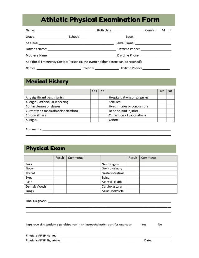 Printable Sports Physical Form