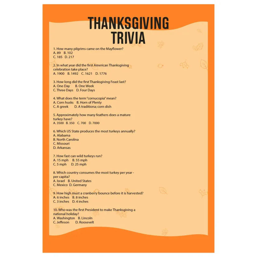 Printable Thanksgiving Trivia Questions And Answers Multiple Choice