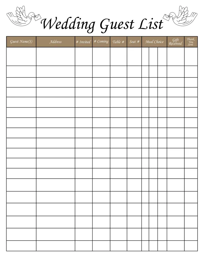 Printable Wedding Guest List Checklist Template