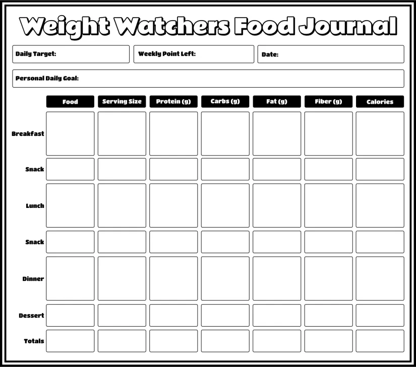 Printable Weight Watchers Food Journal Black And White