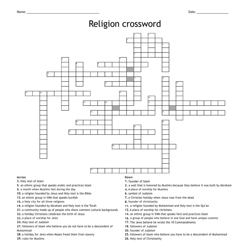 Religious Crossword Puzzles Printable