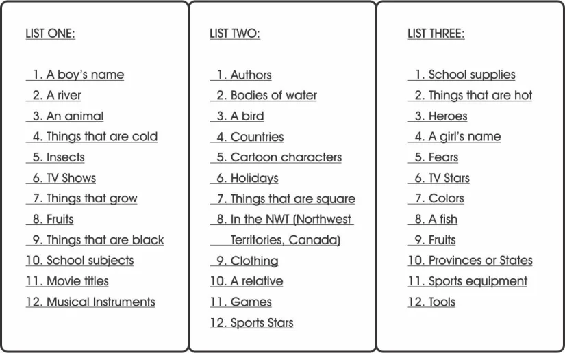 Scattergories List Cards