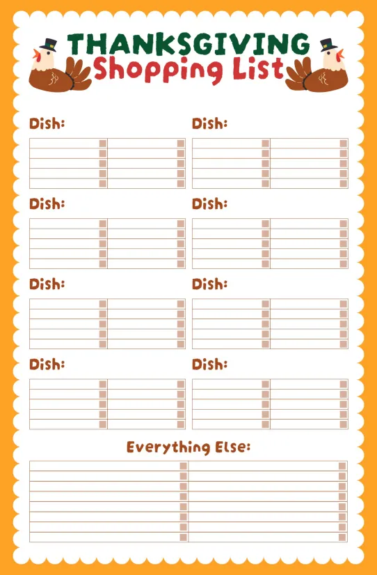 Thanksgiving Dinner Grocery Checklist Printable