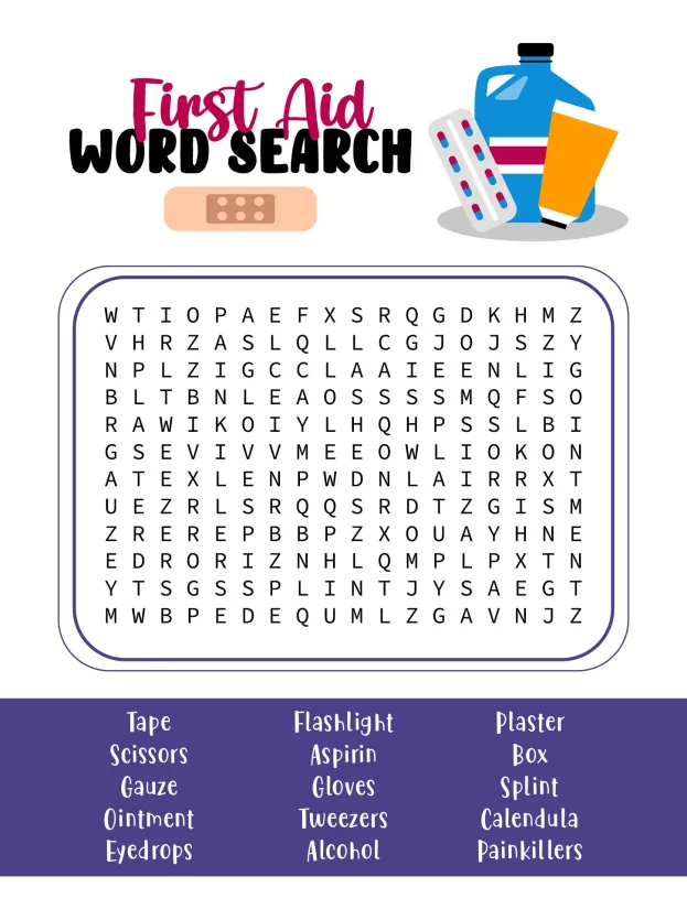 Things You Find In First Aid Kit Word Search Printable