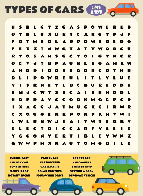 Types Of Cars Word Search Printable
